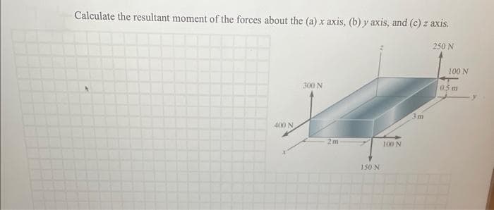 Calculate the resultant moment of the forces about the (a) x axis, (b) y axis, and (c) z axis.
400 N
300 N
150 N
100 N
3m
250 N
100 N
0.5 m