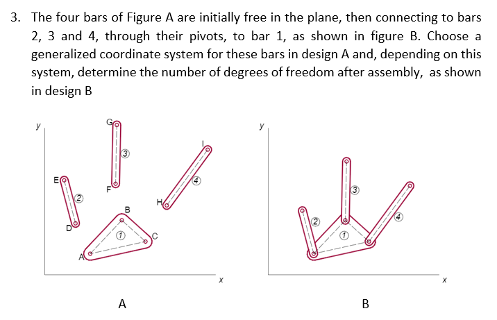 3. The four bars of Figure A are initially free in the plane, then connecting to bars
2, 3 and 4, through their pivots, to bar 1, as shown in figure B. Choose a
generalized coordinate system for these bars in design A and, depending on this
system, determine the number of degrees of freedom after assembly, as shown
in design B
y
3
A
B
X