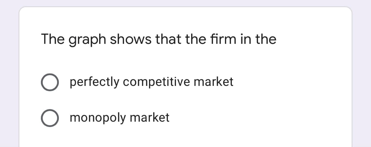 The graph shows that the firm in the
O perfectly competitive market
O monopoly market
