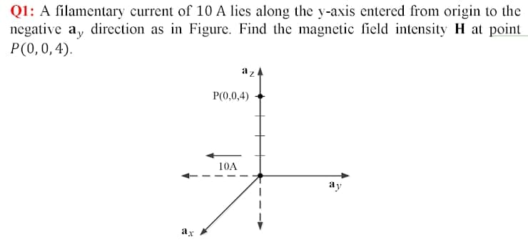 Q1: A filamentary current of 10 A lies along the y-axis entered from origin to the
negative a, direction as in Figure. Find the magnetic field intensity H at point
P(0,0,4).
a z
P(0,0,4)
10A
ax
