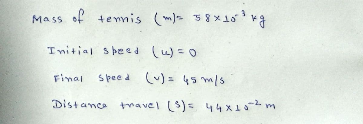 Mass of +ennis (m)- 5813
Initial s beed (u)=0
Speed
(v) = 45 m/s
Final
Distance tmavel (s)= 44x10m
