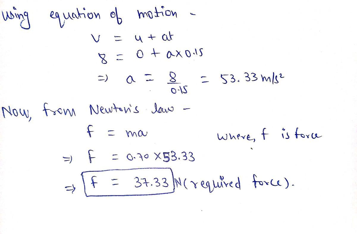 wing
equation of motion
4 + at
ニ
8 ニ
o taxo. s
a = 8
O-IS
= 53. 33 m/s?
Now, from Newten's Jaw
f = ma
where,
f is force
= 0.70 X53.33
34.33 N(required force).
