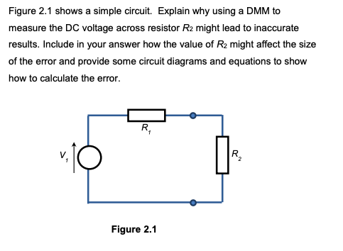 Figure 2.1 shows a simple circuit. Explain why using a DMM to
measure the DC voltage across resistor R2 might lead to inaccurate
results. Include in your answer how the value of R₂ might affect the size
of the error and provide some circuit diagrams and equations to show
how to calculate the error.
R₁
Figure 2.1
R₂