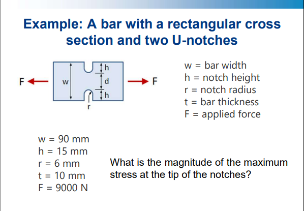 Example: A bar with a rectangular cross
section and two U-notches
W
w = 90 mm
h = 15 mm
r = 6 mm
t = 10 mm
F = 9000 N
th
d
F
w = bar width
h = notch height
r = notch radius
t = bar thickness
F = applied force
What is the magnitude of the maximum
stress at the tip of the notches?