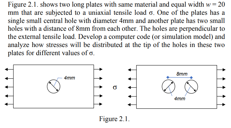 Figure 2.1. shows two long plates with same material and equal width w=20
mm that are subjected to a uniaxial tensile load o. One of the plates has a
single small central hole with diameter 4mm and another plate has two small
holes with a distance of 8mm from each other. The holes are perpendicular to
the external tensile load. Develop a computer code (or simulation model) and
analyze how stresses will be distributed at the tip of the holes in these two
plates for different values of 0.
4mm
Figure 2.1.
8mm
4mm