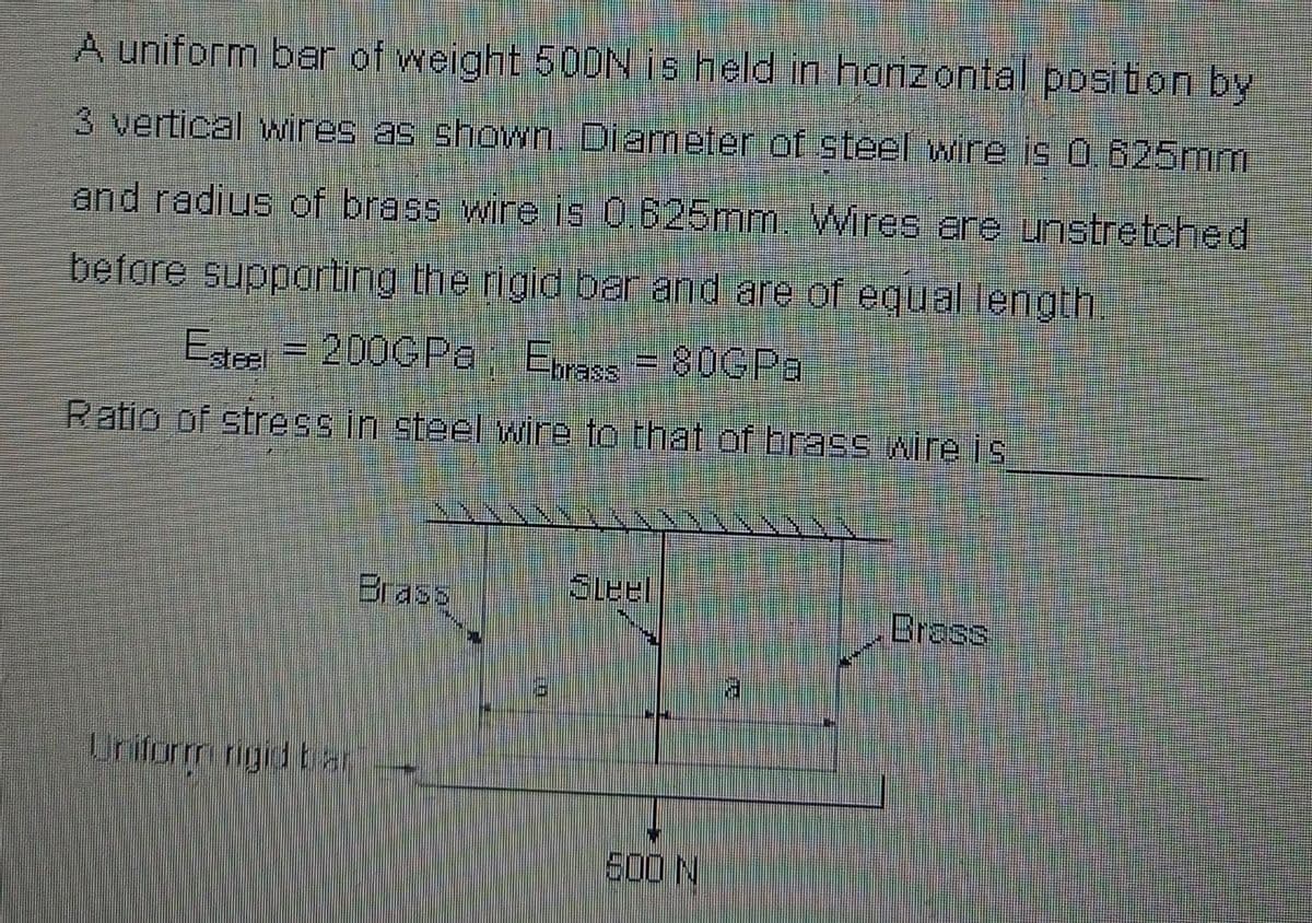 A uniform bar of weight 50DN is held in horizontal posiion by
3 vertical wires as shown. Diameter of steel wire is 0.625mm
and radius of brass wire is 0.625mm.Wires are unstretched
before supparting the rigid par and are of equal iength.
Egee = 200GPe Eprass = 80GPa
Ratio of stress in steel vwire to that of brass wireis
Brass
Sleel
Brass
B.
Uriform rigid bar
600 N
