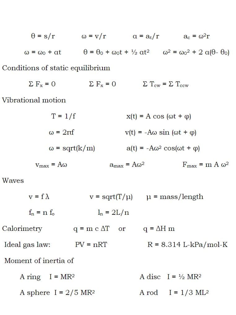 0 = s/r
@= @o + at
Conditions of static
Σ Fx = 0
Waves
Vibrational motion
T = 1/f
@ = 2nf
equilibrium
Vmax = Aw
v = fA
fn = n fo
@ = V/r
0 = 0o+wot + ½ at²
@ = sqrt(k/m)
Σ Fx = 0
Calorimetry
Ideal gas law:
Moment of inertia of
a = at/r
PV = nRT
v = sqrt(T/μ)
In = 2L/n
q=mc AT or
A ring I MR²
A sphere I = 2/5 MR²
Σ Τ = Σ Tecw
x(t) = A cos (wt + p)
v(t) = -Aw sin (wt + p)
a(t) = -Aw² cos(wt + p)
amax = Aw²
ac = w²r
w² = wo² + 2 a(0-00)
Fmax = m A 6²
μ = mass/length
q = AH m
R = 8.314 L-kPa/mol-K
A rod
A disc I ¹2 MR²
I = 1/3 ML²