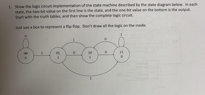 1. Show the logic circuit implementation of the state machine described by the state diagram below. In each
state, the two-bit value on the first line is the state, and the one-bit value on the bottom is the output.
Start with the truth tables, and then show the complete logic circuit.
Just use a box to represent a flip-flop. Don't draw all the logic on the inside.
01
10
0.
1.
