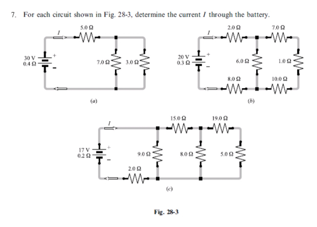 For each circuit shown in Fig. 28-3, determine the current I through the battery.
5.0 2
2.0 2
7.0 2
We-W-
30 V
0.4 2
20 V
0.3 2
7.0 2
3.0 2
6.0 2
1.0 2
8.0 2
10.0 2
(a)
(b)
15.0 2
19.0 2
17 V
0.2 Q
9.0 2
8.0 2
5.0 2
2.0 2
(c)
Fig. 28-3
W-
