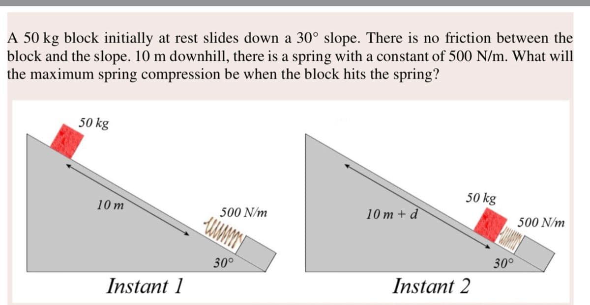 A 50 kg block initially at rest slides down a 30° slope. There is no friction between the
block and the slope. 10 m downhill, there is a spring with a constant of 500 N/m. What will
the maximum spring compression be when the block hits the spring?
50 kg
50 kg
10 m
500 N/m
10m+d
500 N/m
Instant 1
30°
30°
Instant 2