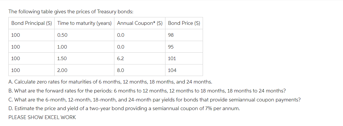 The following table gives the prices of Treasury bonds:
Bond Principal ($) Time to maturity (years) Annual Coupon* ($) Bond Price ($)
100
0.50
100
1.00
100
1.50
100
2.00
0.0
0.0
6.2
8.0
98
95
101
104
A. Calculate zero rates for maturities of 6 months, 12 months, 18 months, and 24 months.
B. What are the forward rates for the periods: 6 months to 12 months, 12 months to 18 months, 18 months to 24 months?
C. What are the 6-month, 12-month, 18-month, and 24-month par yields for bonds that provide semiannual coupon payments?
D. Estimate the price and yield of a two-year bond providing a semiannual coupon of 7% per annum.
PLEASE SHOW EXCEL WORK