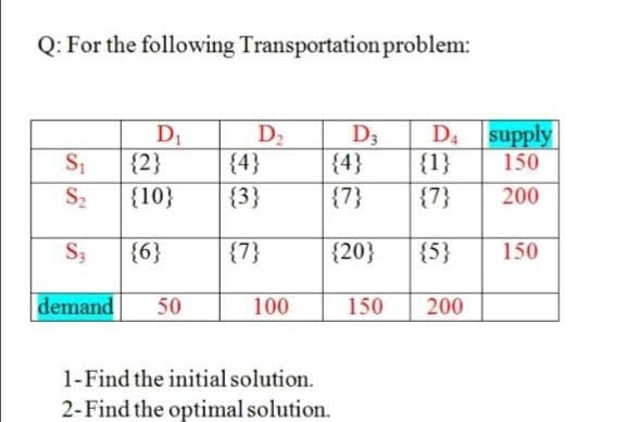 Q: For the following Transportation problem:
D
{2}
D2
{4}
D3
{4}
D supply
{1}
150
Sz
{10}
{3}
{7}
{7}
200
S3
{6}
{7}
{20}
{5}
150
demand
50
100
150
200
1-Find the initial solution.
2-Find the optimal solution.
