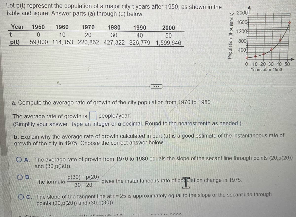 Let p(t) represent the population of a major city t years after 1950, as shown in the
table and figure. Answer parts (a) through (c) below.
Year 1950
1960
1970
1980
1990
2000
t
0
10
20
30
40
50
p(t) 59,000 114,153 220,862 427,322 826,779 1,599,646
a. Compute the average rate of growth of the city population from 1970 to 1980.
The average rate of growth is people/year.
(Simplify your answer. Type an integer a decimal. Round to the nearest tenth as needed.)
OB.
Population (thousands)
b. Explain why the average rate of growth calculated in part (a) is a good estimate of the instantaneous rate of
growth of the city in 1975. Choose the correct answer below.
p(30)-p(20)
30-20
The formula
2000
1600
1200
OA. The average rate of growth from 1970 to 1980 equals the slope of the secant line through points (20,p(20))
and (30,p(30)).
800]
400
F‒‒‒‒
0000
0 10 20 30 40 50
Years after 1950
gives the instantaneous rate of population change in 1975.
OC. The slope of the tangent line at t = 25 is approximately equal to the slope of the secant line through
points (20,p(20)) and (30,p(30)).