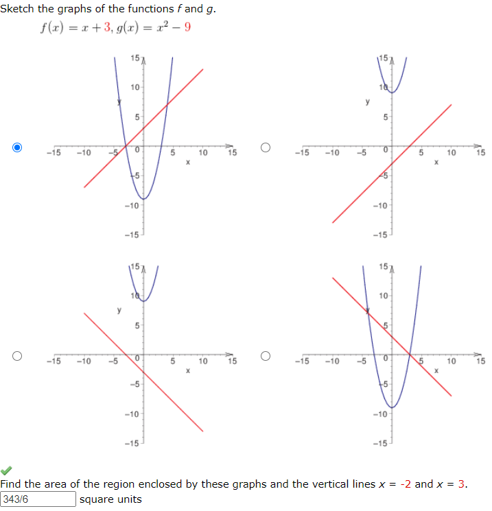 Sketch the graphs of the functions f and g.
f(x) = x +3, g(x) = x² – 9
157
10
-15
-10
5
10
-15
-10
-5
5
10
-10
-10
-15-
-15
10
-15
-10
-5
5
15
-15
10
-10
-5
10
-10
-10
-15
-15
Find the area of the region enclosed by these graphs and the vertical lines x = -2 and x = 3.
343/6
I square units
5.
