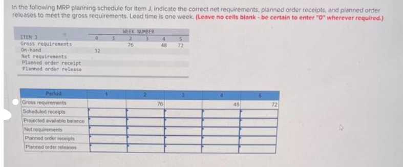 In the following MRP planning schedule for Item J, indicate the correct net requirements, planned order receipts, and planned order
releases to meet the gross requirements. Lead time is one week. (Leave no cells blank-be certain to enter "0" wherever required.)
ITEM 3
Gross requirements
On-hand
Net requirements
Planned order receipt
Planned order release
Period
Gross requirements
Scheduled receipts
Projected available balance
Net requirements
Planned order receipts
Planned order releases
WEEK NUMBER
2
3
76
4
48
76
5
72
48
72