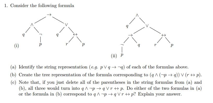 1. Consider the following formula
(i)
q
P
q
T
9
T
(ii) p
(a) Identify the string representation (e.g. pVqq) of each of the formulas above.
(b) Create the tree representation of the formula corresponding to (q^(p→q)) V (r + p).
(c) Note that, if you just delete all of the parentheses in the string formulas from (a) and
(b), all three would turn into q^pqVrp. Do either of the two formulas in (a)
or the formula in (b) correspond to qpqVrp? Explain your answer.