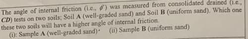 The angle of internal friction (i.e.. d) was measured from consolidated drained (1.e.,
CD) tests on two soils; Soil A (well-graded sand) and Soil B (uniform sand). Which one
these two soils will have a higher angle of internal friction.
(i): Sample A (well-graded sand) (ii) Sample B (uniform sand)