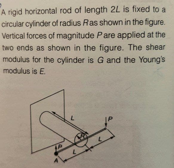 A rigid horizontal rod of length 2L is fixed to a
circular cylinder of radius Ras shown in the figure.
Vertical forces of magnitude Pare applied at the
two ends as shown in the figure. The shear
modulus for the cylinder is G and the Young's
modulus is E.
AP
L