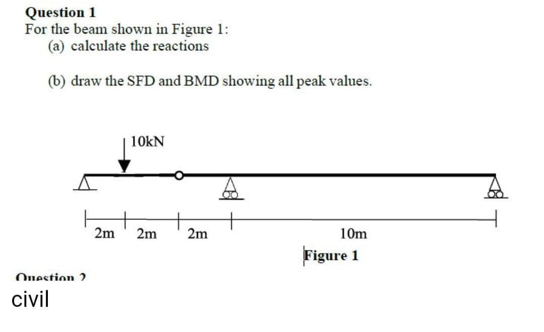 Question 1
For the beam shown in Figure 1:
(a) calculate the reactions
(b) draw the SFD and BMD showing all peak values.
10kN
2m
2m
2m
10m
Figure 1
Ouestion 2
civil
