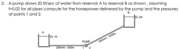 2. A pump draws 20 lit/sec of water from reservoir A to reservoir B as shown, assuming
f=0.02 for all pipes compute for the horsepower delivered by the pump and the pressures
at points 1 and 2.
B
EL 60
EL 10
PUMP
150mm - 1200m
200mm - 500m
2.
