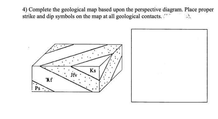 4) Complete the geological map based upon the perspective diagram. Place proper
strike and dip symbols on the map at all geological contacts. "*
Ks
Jfv
Rf
Ps
