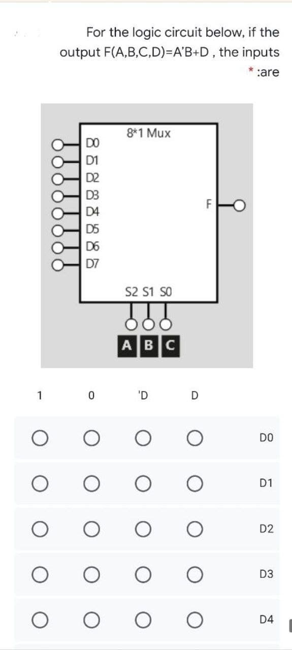 For the logic circuit below, if the
output F(A,B,C,D)=A'B+D, the inputs
:are
8*1 Mux
D2
D3
D4
D5
D7
S2 S1 SO
ABC
1
'D
DO
D1
D2
D3
D4
86888886
