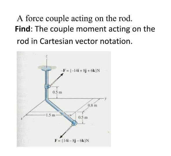 A force couple acting on the rod.
Find: The couple moment acting on the
rod in Cartesian vector notation.
F= (-14i + 8j + 6k)N
0.5 m
0.8 m
1.5 m
0.5 m
F = (14i - 8j - 6k )N
