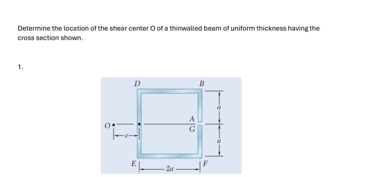Determine the location of the shear center O of a thinwalled beam of uniform thickness having the
cross section shown.
1.
D
B
E
-2a
a
A