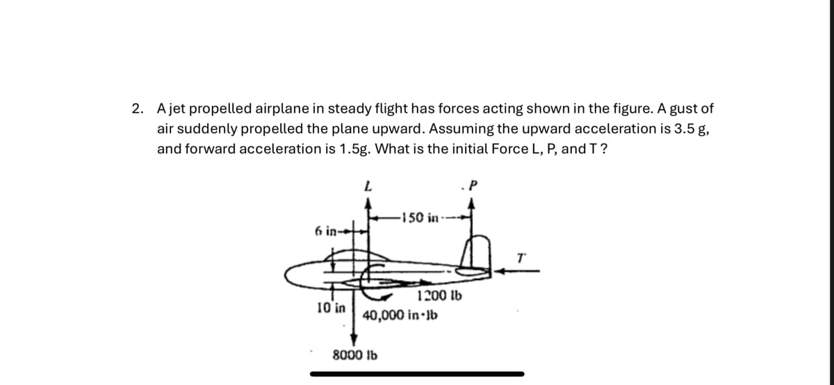 2. A jet propelled airplane in steady flight has forces acting shown in the figure. A gust of
air suddenly propelled the plane upward. Assuming the upward acceleration is 3.5 g,
and forward acceleration is 1.5g. What is the initial Force L, P, and T?
L
6 in
-150 in
1200 lb
10 in
40,000 in-lb
8000 lb
