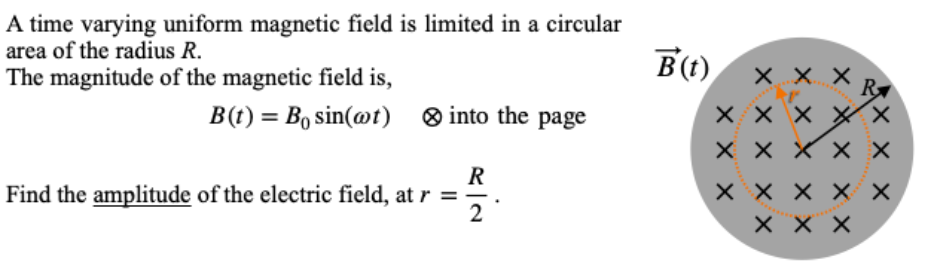 A time varying uniform magnetic field is limited in a circular
area of the radius R.
B(t)
The magnitude of the magnetic field is,
ххх
R
X X X
X X X X X
B(t) = B, sin(@t) ® into the page
%3D
R
Find the amplitude of the electric field, at r =
2
ххх
ххх
X X X
X XX X X
