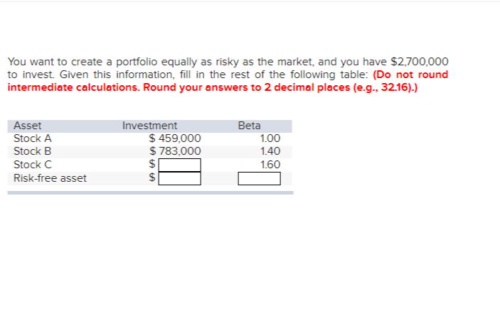 You want to create a portfolio equally as risky as the market, and you have $2,700,000
to invest. Given this information, fill in the rest of the following table: (Do not round
intermediate calculations. Round your answers to 2 decimal places (e.g., 32.16).)
Asset
Stock A
Stock B
Stock C
Risk-free asset
Investment
$ 459,000
$ 783,000
$
LA LA
$
Beta
1.00
1.40
1.60