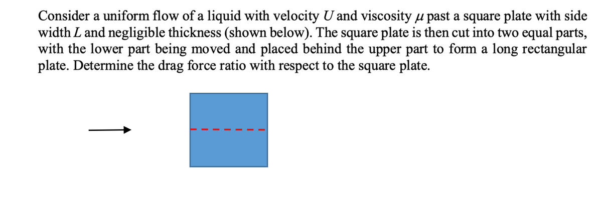 Consider a uniform flow of a liquid with velocity U and viscosity u past a square plate with side
width L and negligible thickness (shown below). The square plate is then cut into two equal parts,
with the lower part being moved and placed behind the upper part to form a long rectangular
plate. Determine the drag force ratio with respect to the square plate.