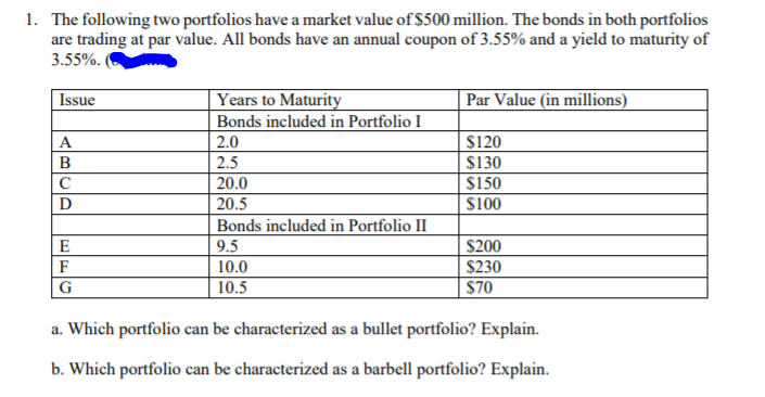 1. The following two portfolios have a market value of $500 million. The bonds in both portfolios
are trading at par value. All bonds have an annual coupon of 3.55% and a yield to maturity of
3.55%.
Years to Maturity
Bonds included in Portfolio I
Issue
Par Value (in millions)
A
2.0
$120
B
2.5
$130
C
20.0
$150
D
20.5
$100
Bonds included in Portfolio II
9.5
E
$200
F
10.0
$230
G
10.5
$70
a. Which portfolio can be characterized as a bullet portfolio? Explain.
b. Which portfolio can be characterized as a barbell portfolio? Explain.
