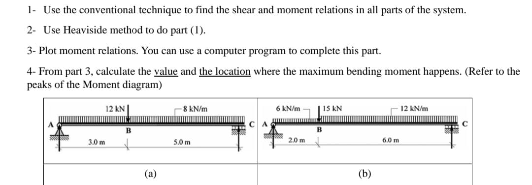 1- Use the conventional technique to find the shear and moment relations in all parts of the system.
2- Use Heaviside method to do part (1).
3- Plot moment relations. You can use a computer program to complete this part.
4- From part 3, calculate the value and the location where the maximum bending moment happens. (Refer to the
peaks of the Moment diagram)
A
12 kN
3.0 m
B
(a)
8 kN/m
5.0 m
A
6 kN/m
2.0 m
| 15 kN
B
(b)
6.0 m
12 kN/m