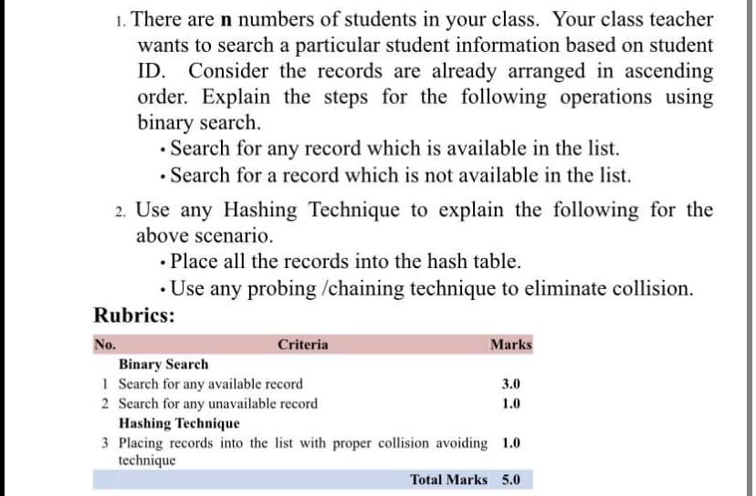 1. There are n numbers of students in your class. Your class teacher
wants to search a particular student information based on student
ID. Consider the records are already arranged in ascending
order. Explain the steps for the following operations using
binary search.
• Search for any record which is available in the list.
• Search for a record which is not available in the list.
2. Use any Hashing Technique to explain the following for the
above scenario.
• Place all the records into the hash table.
• Use any probing /chaining technique to eliminate collision.
Rubrics:
No.
Criteria
Marks
Binary Search
1 Search for any available record
2 Search for any unavailable record
Hashing Technique
3 Placing records into the list with proper collision avoiding 1.0
technique
3.0
1.0
Total Marks 5.0
