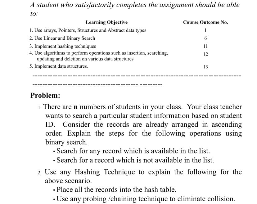 A student who satisfactorily completes the assignment should be able
to:
Learning Objective
Course Outcome No.
1. Use arrays, Pointers, Structures and Abstract data types
1
2. Use Linear and Binary Search
3. Implement hashing techniques
4. Use algorithms to perform operations such as insertion, searching,
updating and deletion on various data structures
11
12
5. Implement data structures.
13
Problem:
1. There are n numbers of students in your class. Your class teacher
wants to search a particular student information based on student
ID. Consider the records are already arranged in ascending
order. Explain the steps for the following operations using
binary search.
• Search for any record which is available in the list.
• Search for a record which is not available in the list.
2. Use any Hashing Technique to explain the following for the
above scenario.
• Place all the records into the hash table.
• Use any probing /chaining technique to eliminate collision.
