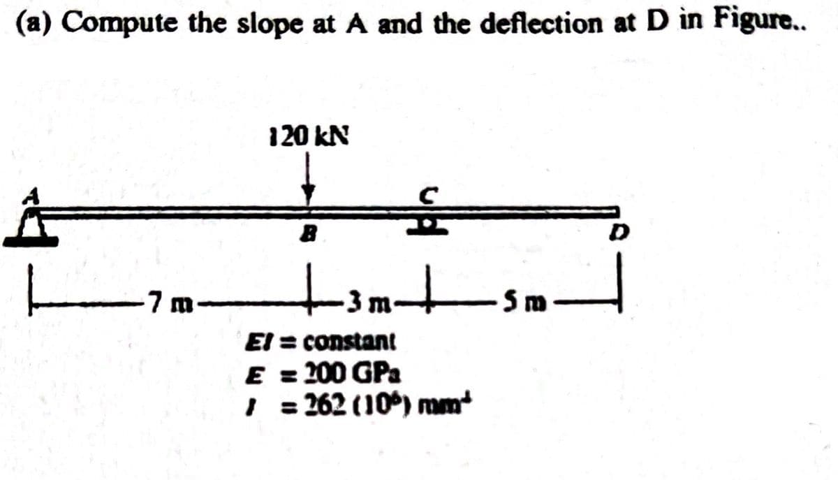(a) Compute the slope at A and the deflection at D in Figure..
L
7 m
120 kN
B
+3m+5m
El = constant
E = 200 GPa
/ = 262 (10) mm