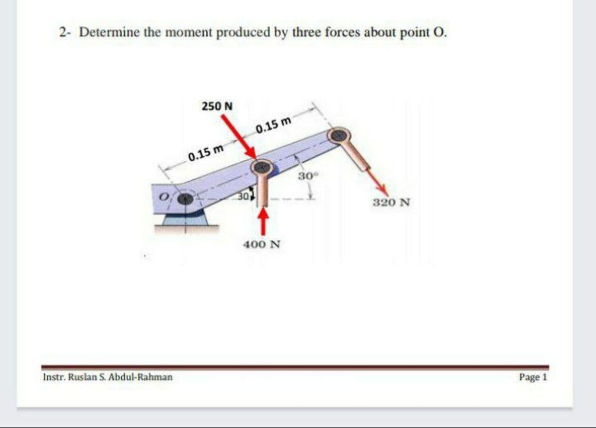 2- Determine the moment produced by three forces about point O.
250 N
0.15 m
0.15 m
30
320 N
400 N
Instr. Ruslan S. Abdul-Rahman
Page 1
