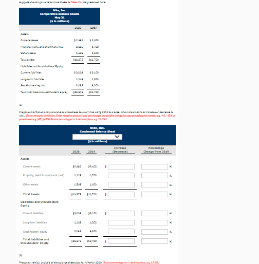 gpoha camgeoa belonoe ha Nilika, inc. em gr d hare.
Nk, Ine.
Compantive Balnca Shanta
May a1
( n milona)
200
201
Currer
Pragar plena andgrara
1700
1400
Tua
Llabiltiee and snockhaldare igalty
Currerlaa
5a 100
Langam laka
1300
Tasa laNnd aackheidanagu
Pragarac herizere enayal aia keiona aascos er a, ingackn hewa cneuraernener dac
wanter amounts in millian. nter negutiveamauntrand percantag using either anegutive sign prending theunberag 45 4Nar
perentheng 45L 4SN. Aound perantagentaI decimal plao, g 12K
MIKE, INC.
Condennd Balanca Shant
Cain milon)
Increase
Parcantage
Change fram 201
2020
2010
(Decreana)
Asate
Cument ats
Preperty, plant equiprent (nat)
1700
Cther am
1400
Total Assate
Liabilities and Stackholdere
Equity
Cament labitien
Lang-em la
100
Stockholder eguity
Total labilities and
Stackhalders' Equity
Pragara lesl anelywo a kalane aha dan farNikaiar 0.
lalace, s 1225
