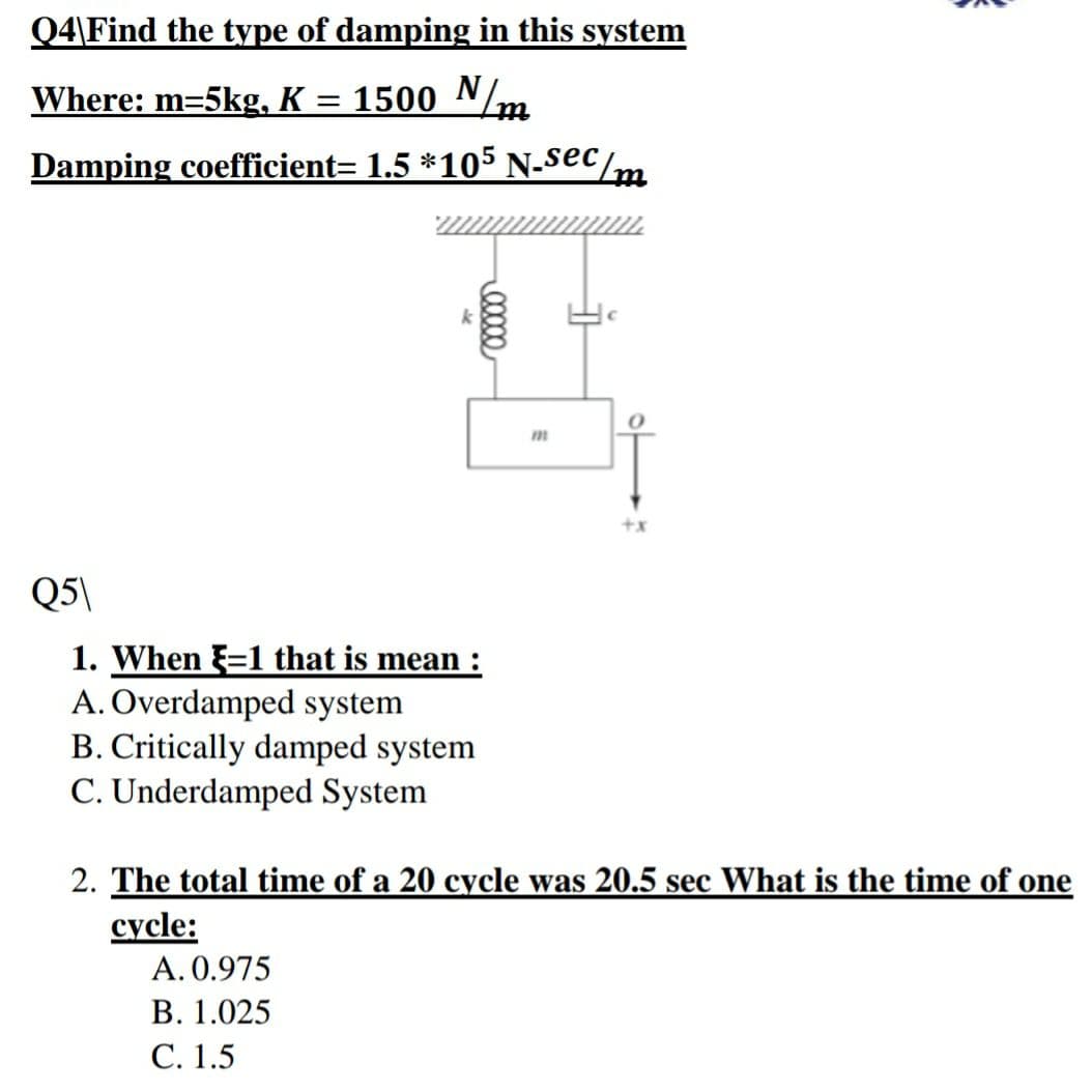 Q4\Find the type of damping in this system
Where: m=5kg, K = 1500 N/m
Damping coefficient= 1.5 *105 N-sec/m
m
Q5\
1. When =1 that is mean :
A. Overdamped system
B. Critically damped system
C. Underdamped System
2. The total time of a 20 cycle was 20.5 sec What is the time of one
cycle:
A. 0.975
В. 1.025
С. 1.5
