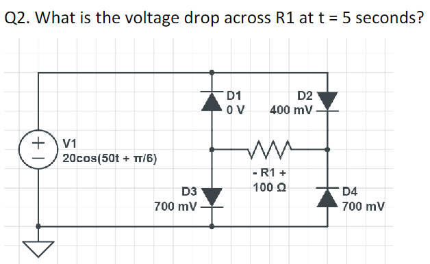 Q2. What is the voltage drop across R1 at t = 5 seconds?
+1
V1
20cos(50t + TT/6)
D3
700 mV
D1
OV
D2
400 mV
M
- R1 +
100 Ω
D4
700 mV