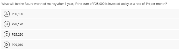 What will be the future worth of money after 1 year, if the sum of P25,000 is invested today ata rate of 1% per month?
A P30,100
B) P28,170
P25,250
P29,010
