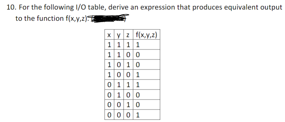 10. For the following I/O table, derive an expression that produces equivalent output
to the function f(x,y,z).
xyz f(x,y,z)
1 1 1 1
1100
1010
1001
0111
0 1 0 0
0010
0001