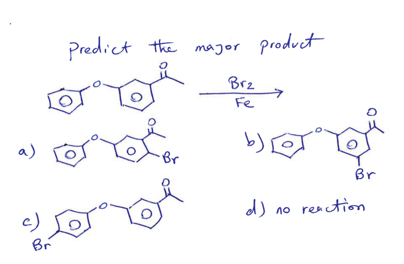 a)
major product
Predict
the major
Br
Brz
Fe
→
b)②
c)
Br
Br
d)
ΛΟ
reaction
