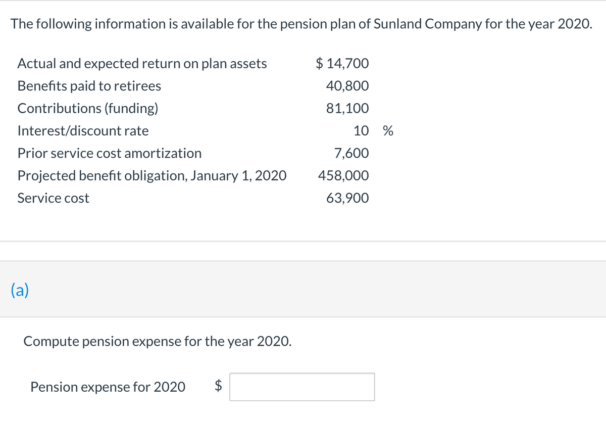 The following information is available for the pension plan of Sunland Company for the year 2020.
Actual and expected return on plan assets
$ 14,700
Benefits paid to retirees
40,800
Contributions (funding)
81,100
Interest/discount rate
10 %
Prior service cost amortization
7,600
Projected benefit obligation, January 1, 2020
458,000
Service cost
63,900
(a)
Compute pension expense for the year 2020.
Pension expense for 2020
%24
