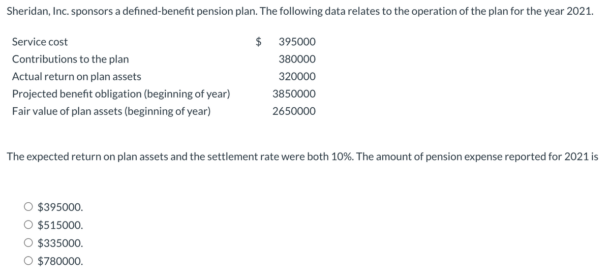 Sheridan, Inc. sponsors a defined-benefit pension plan. The following data relates to the operation of the plan for the year 2021.
Service cost
$
395000
Contributions to the plan
380000
Actual return on plan assets
320000
Projected benefit obligation (beginning of year)
3850000
Fair value of plan assets (beginning of year)
2650000
The expected return on plan assets and the settlement rate were both 10%. The amount of pension expense reported for 2021 is
$395000.
$515000.
$335000.
O $780000.
