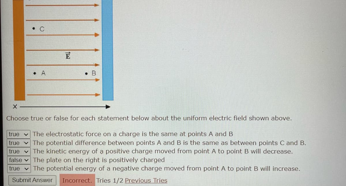 A
E
. B
X
Choose true or false for each statement below about the uniform electric field shown above.
true
The electrostatic force on a charge is the same at points A and B
true
The potential difference between points A and B is the same as between points C and B.
true The kinetic energy of a positive charge moved from point A to point B will decrease.
false The plate on the right is positively charged
true ✓ The potential energy of a negative charge moved from point A to point B will increase.
Submit Answer Incorrect. Tries 1/2 Previous Tries