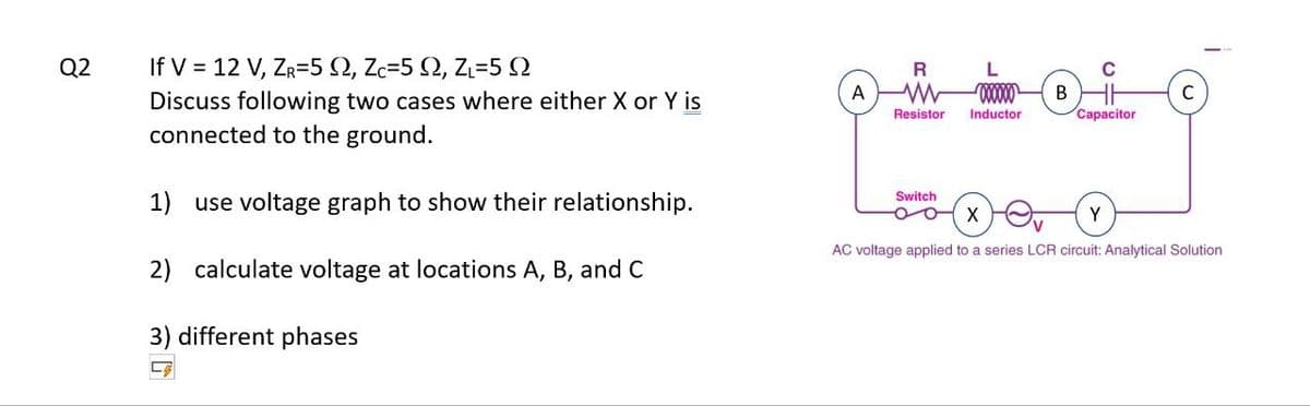 Q2
If V = 12 V, ZR=5 £2, Zc=5 £2, Z₁=5
Discuss following two cases where either X or Y is
connected to the ground.
1) use voltage graph to show their relationship.
2) calculate voltage at locations A, B, and C
3) different phases
R
L
A
w
B
Resistor Inductor
Capacitor
Switch
X
Y
AC voltage applied to a series LCR circuit: Analytical Solution
