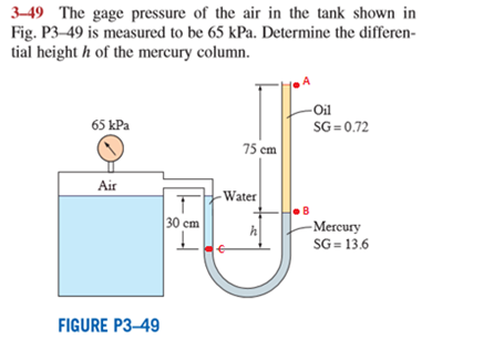 3–49 The gage pressure of the air in the tank shown in
Fig. P3-49 is measured to be 65 kPa. Determine the differen-
tial height h of the mercury column.
-Oil
65 kPa
SG = 0.72
75 cm
Air
-Water
30 cm
-Mercury
SG = 13.6
FIGURE P3-49
