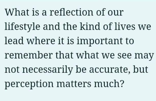 What is a reflection of our
lifestyle and the kind of lives we
lead where it is important to
remember that what we see may
not necessarily be accurate, but
perception matters much?
